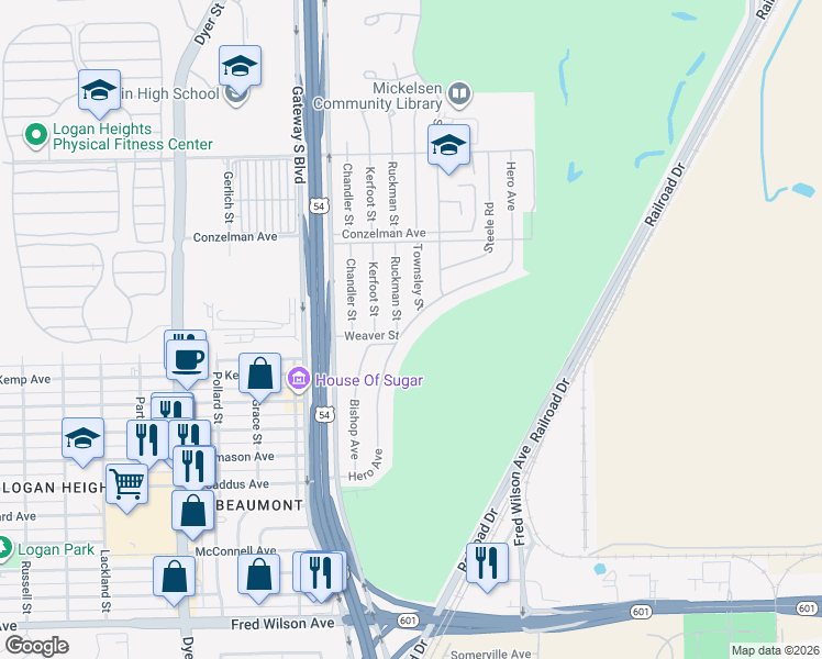 map of restaurants, bars, coffee shops, grocery stores, and more near 3156 Hero Avenue in El Paso