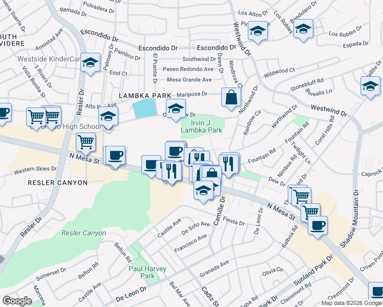map of restaurants, bars, coffee shops, grocery stores, and more near 209a North Alto Mesa Drive in El Paso