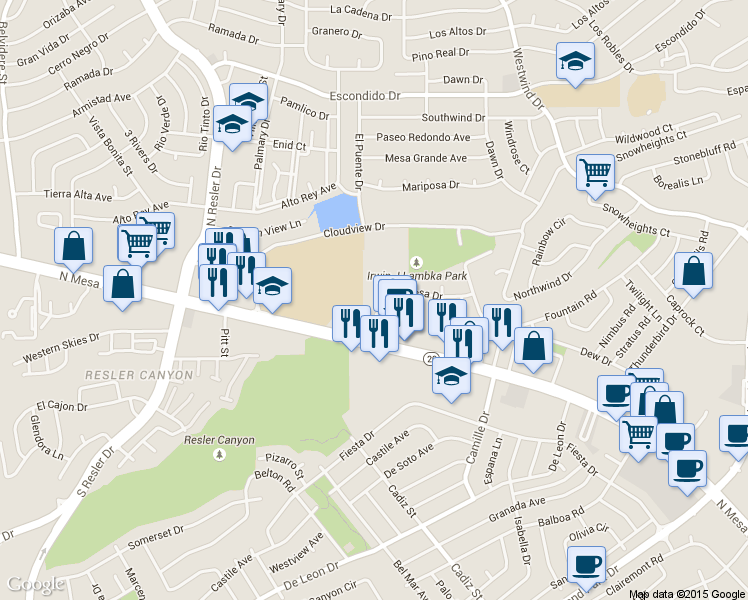 map of restaurants, bars, coffee shops, grocery stores, and more near 135 North Alto Mesa Drive in El Paso
