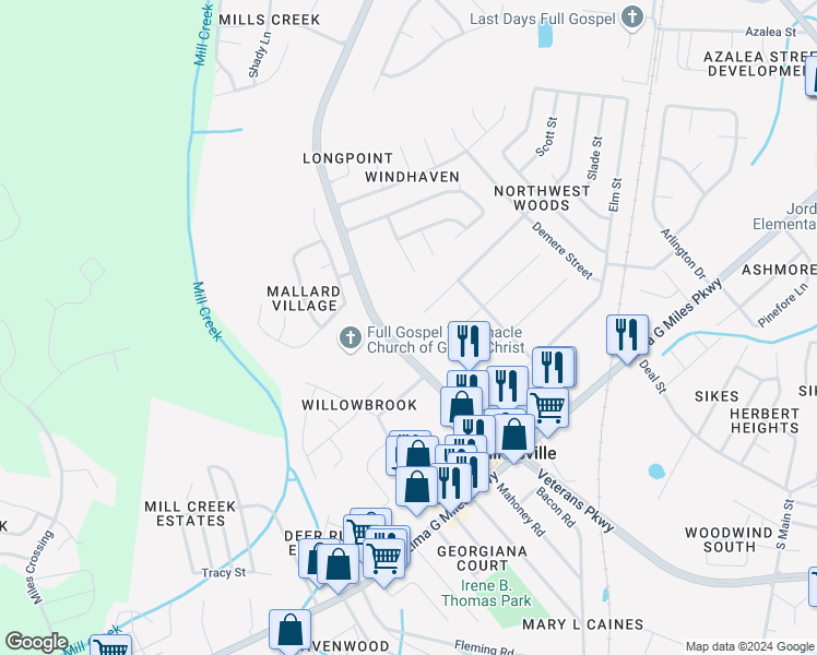 map of restaurants, bars, coffee shops, grocery stores, and more near 1 Oak Street in Hinesville