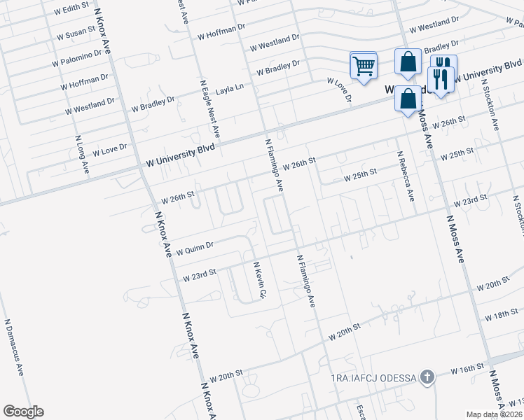 map of restaurants, bars, coffee shops, grocery stores, and more near 1 North Broken Bow Circle in Odessa