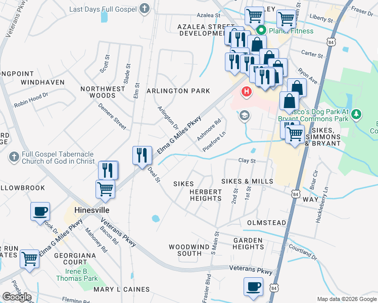 map of restaurants, bars, coffee shops, grocery stores, and more near 548 Ashmore Road in Hinesville