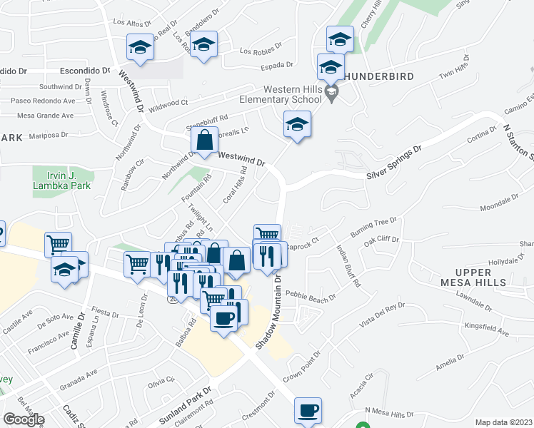 map of restaurants, bars, coffee shops, grocery stores, and more near 17 Shadow Mountain Drive in El Paso