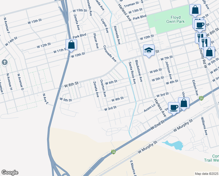 map of restaurants, bars, coffee shops, grocery stores, and more near 3000 W 5th St in Odessa