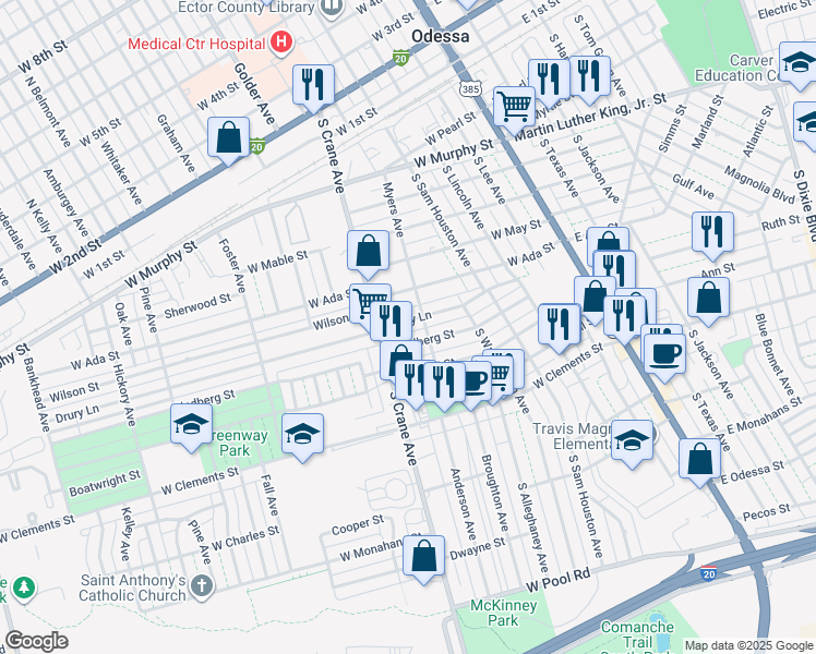 map of restaurants, bars, coffee shops, grocery stores, and more near 609 Drury Ln in Odessa