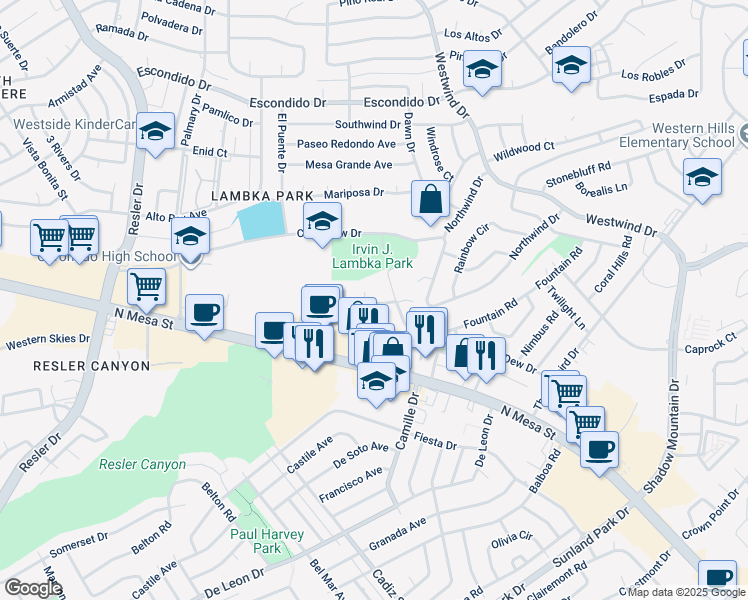 map of restaurants, bars, coffee shops, grocery stores, and more near 237C North Alto Mesa Drive in El Paso