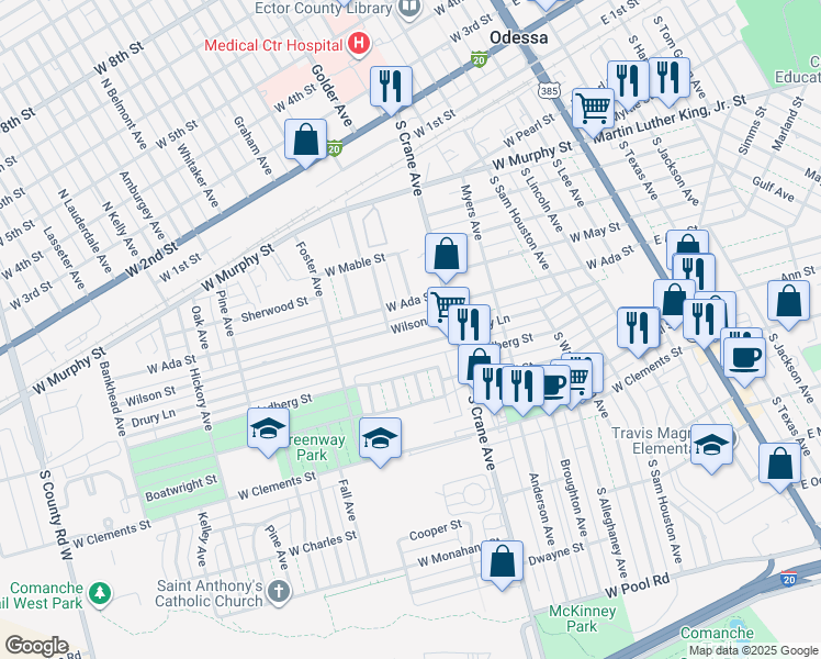 map of restaurants, bars, coffee shops, grocery stores, and more near 803 Wilson Street in Odessa
