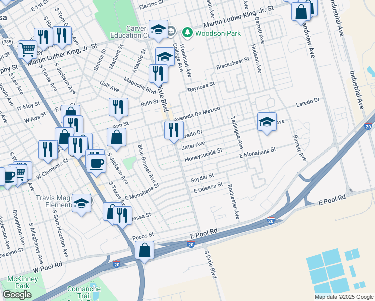 map of restaurants, bars, coffee shops, grocery stores, and more near 708 Jeter Ave in Odessa