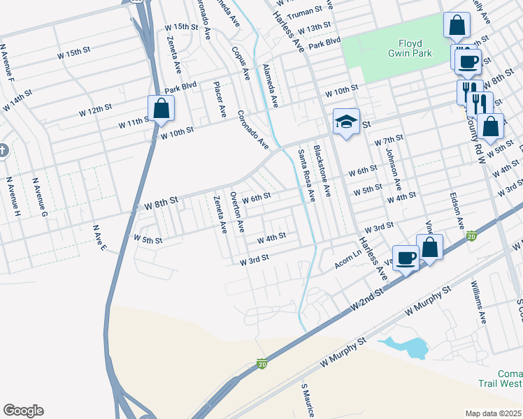 map of restaurants, bars, coffee shops, grocery stores, and more near 3000 W 5th St in Odessa