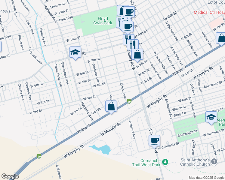 map of restaurants, bars, coffee shops, grocery stores, and more near 2120 West 3rd Street in Odessa