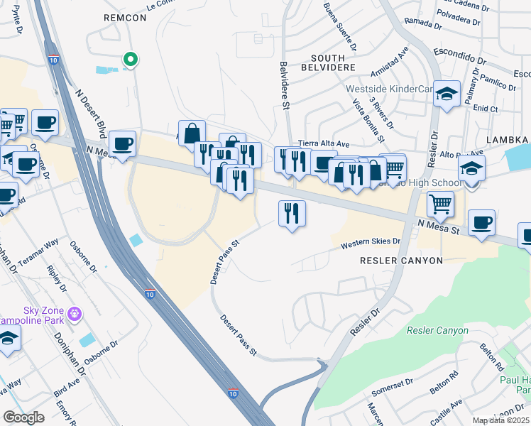 map of restaurants, bars, coffee shops, grocery stores, and more near 201 North Desert Boulevard in El Paso
