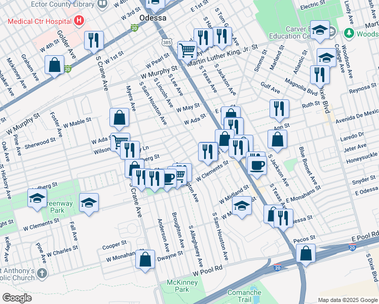 map of restaurants, bars, coffee shops, grocery stores, and more near 316 Clifford Street in Odessa