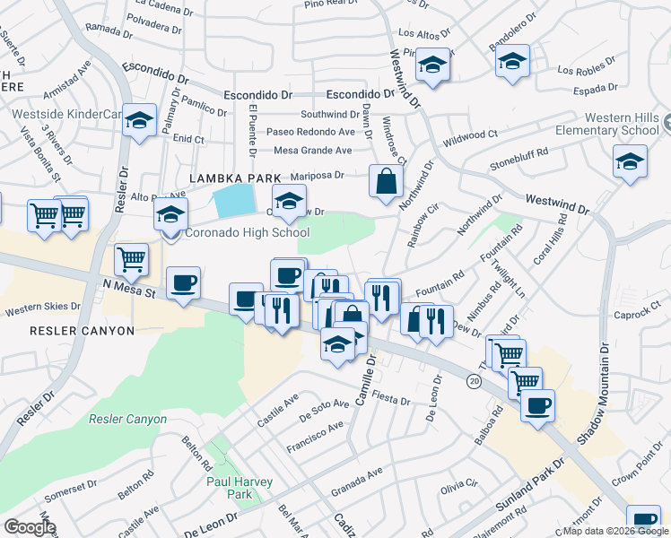 map of restaurants, bars, coffee shops, grocery stores, and more near 237C North Alto Mesa Drive in El Paso