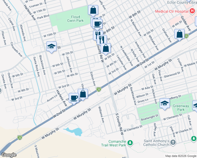 map of restaurants, bars, coffee shops, grocery stores, and more near 2015 West 3rd Street in Odessa