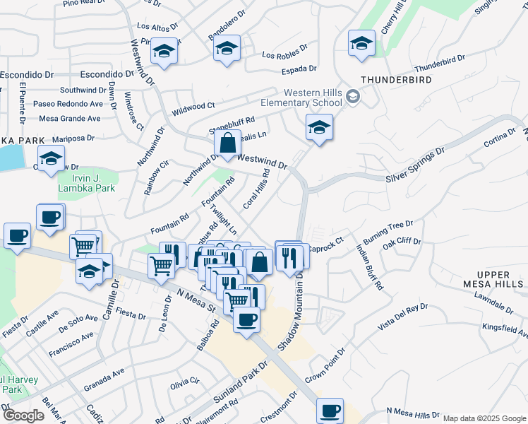 map of restaurants, bars, coffee shops, grocery stores, and more near 313 Thunderbird Drive in El Paso