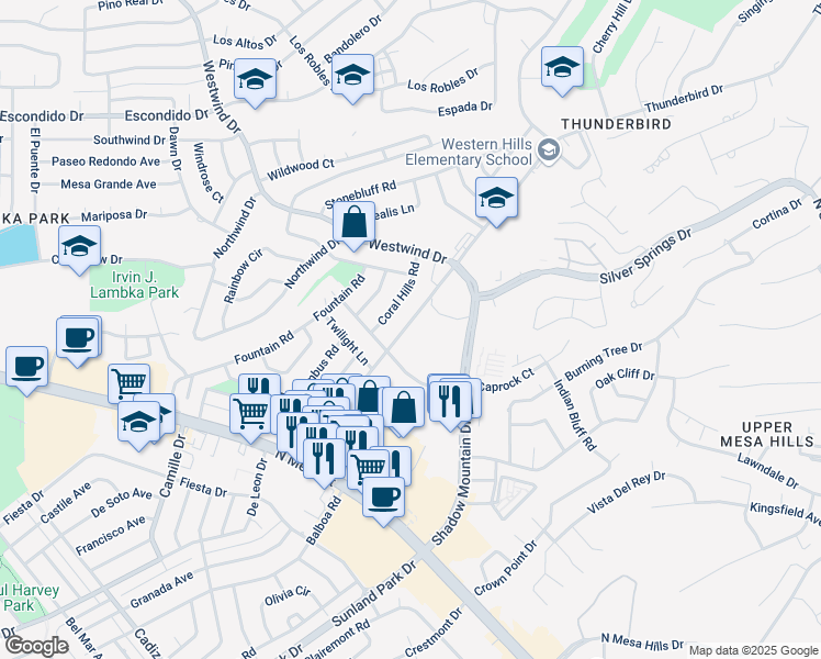 map of restaurants, bars, coffee shops, grocery stores, and more near 313 Thunderbird Drive in El Paso