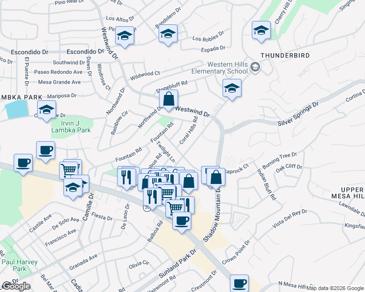 map of restaurants, bars, coffee shops, grocery stores, and more near 313 Thunderbird Drive in El Paso