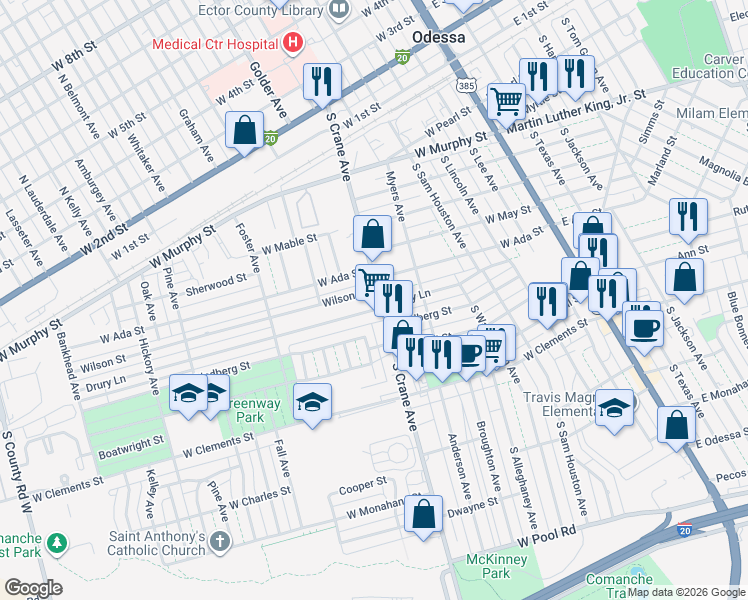 map of restaurants, bars, coffee shops, grocery stores, and more near 822 South Crane Avenue in Odessa