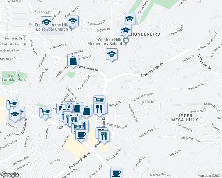 map of restaurants, bars, coffee shops, grocery stores, and more near 368 Shadow Mountain Drive in El Paso