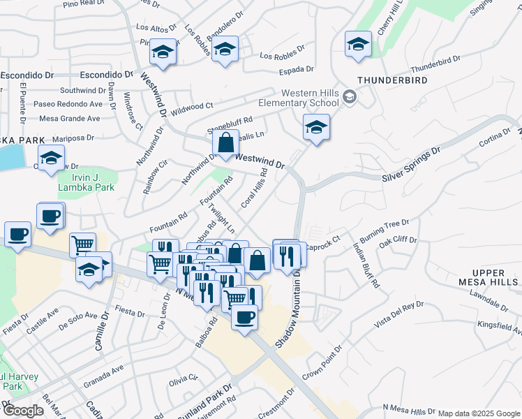 map of restaurants, bars, coffee shops, grocery stores, and more near 313 Thunderbird Drive in El Paso