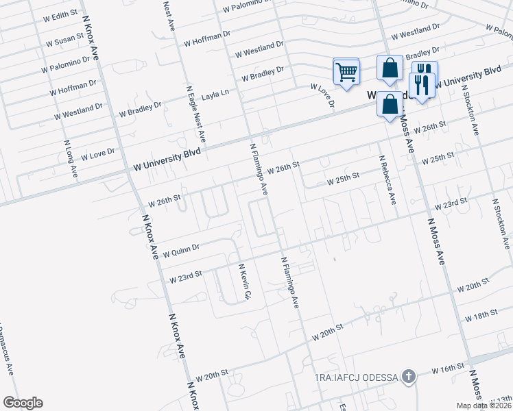 map of restaurants, bars, coffee shops, grocery stores, and more near 1 North Broken Bow Circle in Odessa