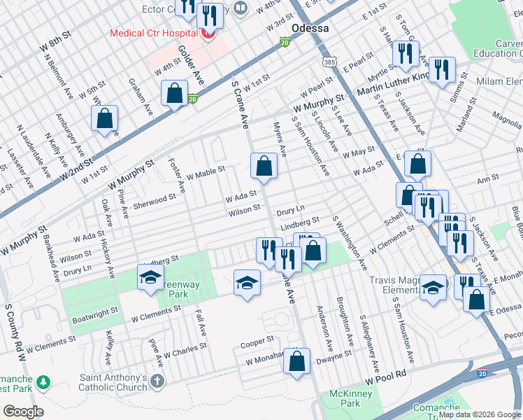 map of restaurants, bars, coffee shops, grocery stores, and more near 822 South Crane Avenue in Odessa