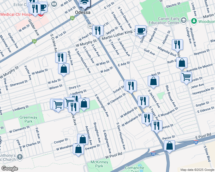 map of restaurants, bars, coffee shops, grocery stores, and more near 316 Clifford Street in Odessa