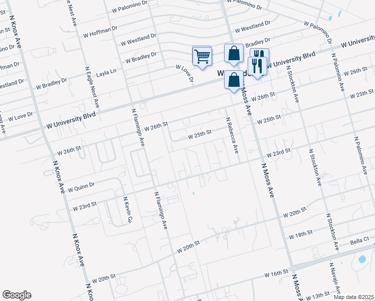 map of restaurants, bars, coffee shops, grocery stores, and more near 10691 West 25th Street in Odessa