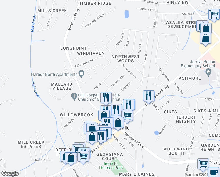 map of restaurants, bars, coffee shops, grocery stores, and more near 9 Dogwood Street in Hinesville