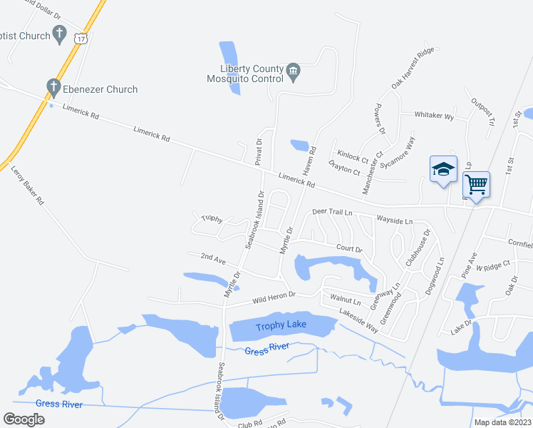 map of restaurants, bars, coffee shops, grocery stores, and more near Green Oaks Court in Midway