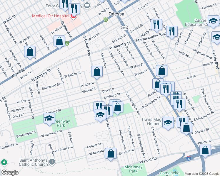 map of restaurants, bars, coffee shops, grocery stores, and more near 609 Drury Ln in Odessa