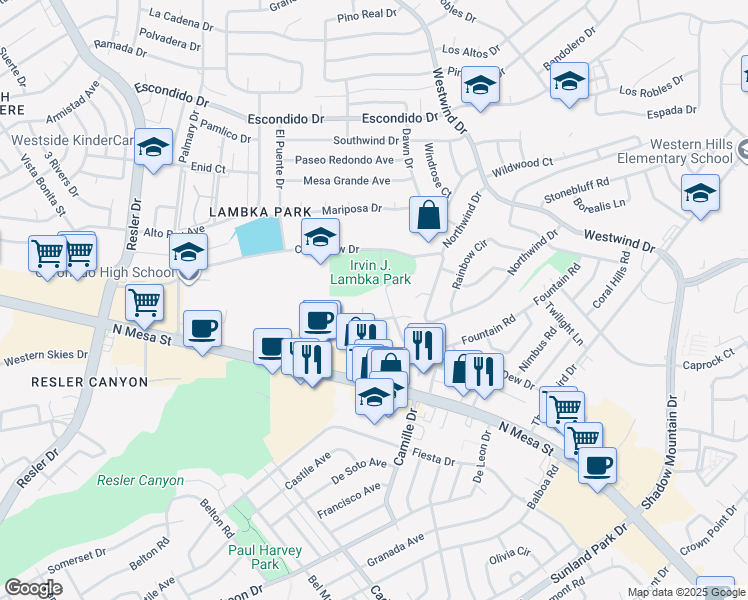 map of restaurants, bars, coffee shops, grocery stores, and more near 237C North Alto Mesa Drive in El Paso