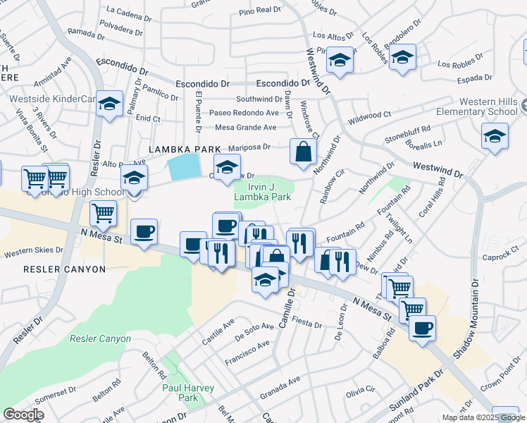 map of restaurants, bars, coffee shops, grocery stores, and more near 237C North Alto Mesa Drive in El Paso