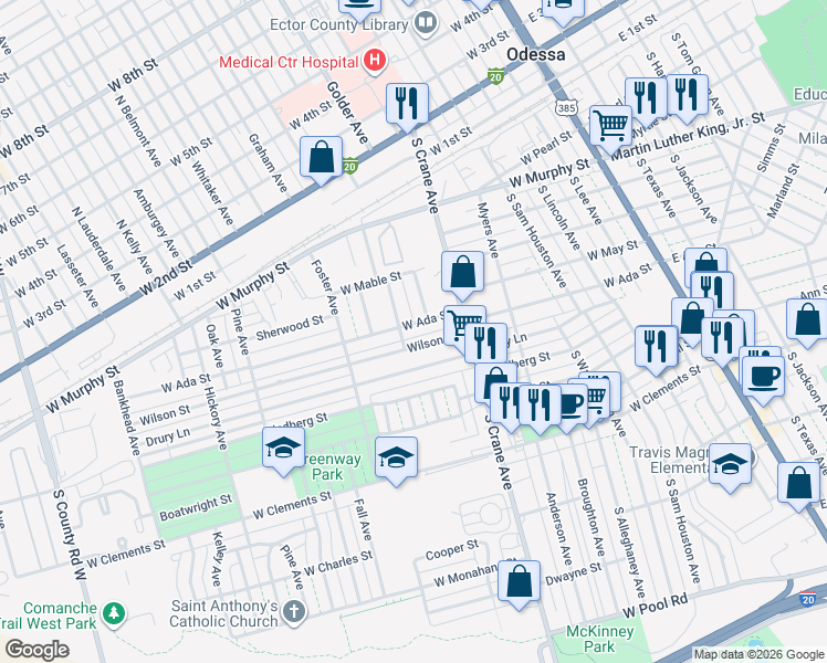 map of restaurants, bars, coffee shops, grocery stores, and more near 803-805 Wilson Street in Odessa