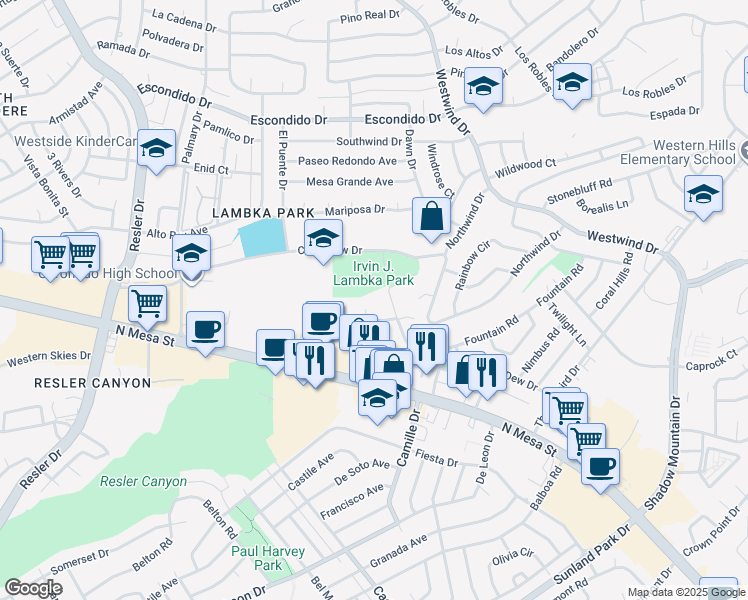 map of restaurants, bars, coffee shops, grocery stores, and more near 237C North Alto Mesa Drive in El Paso
