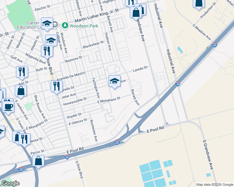 map of restaurants, bars, coffee shops, grocery stores, and more near 1101 East Monahans Street in Odessa