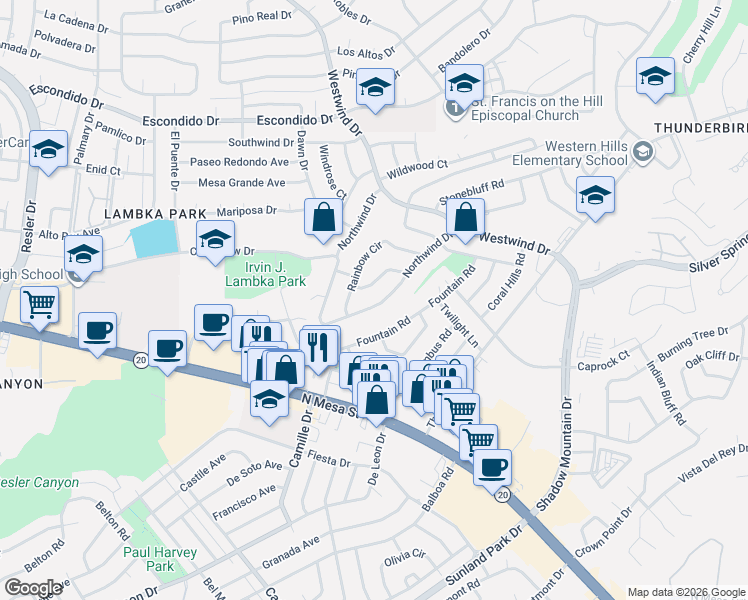 map of restaurants, bars, coffee shops, grocery stores, and more near 232 Northwind Drive in El Paso