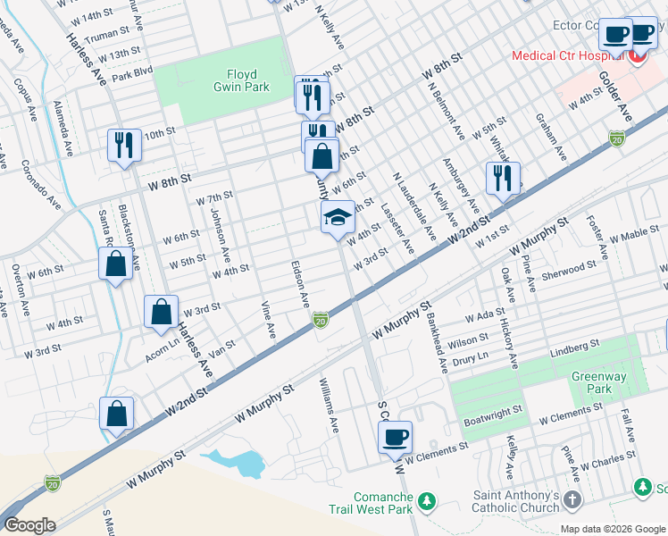 map of restaurants, bars, coffee shops, grocery stores, and more near 2015 West 3rd Street in Odessa