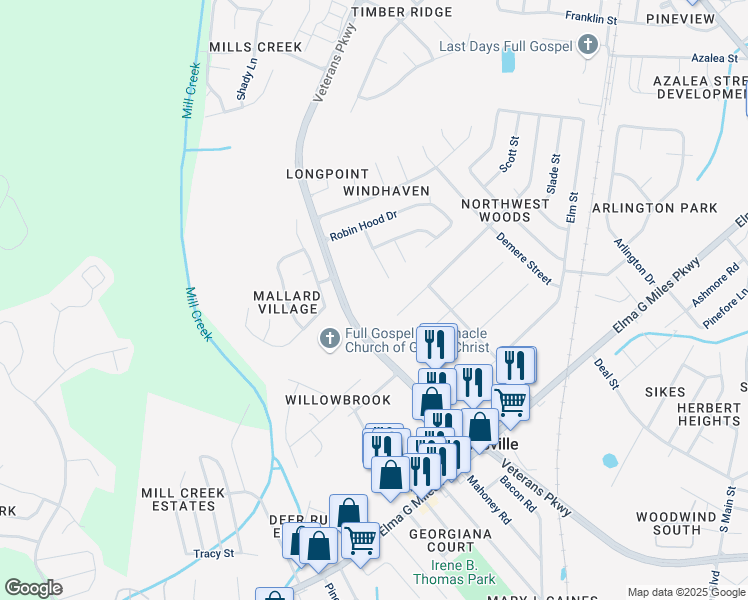 map of restaurants, bars, coffee shops, grocery stores, and more near 804 Veterans Parkway in Hinesville