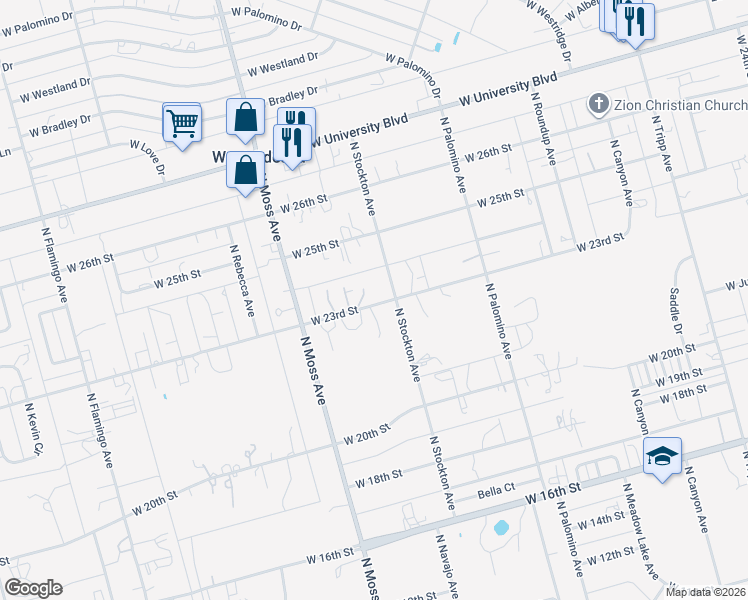 map of restaurants, bars, coffee shops, grocery stores, and more near 10125 West 25th Street in Odessa