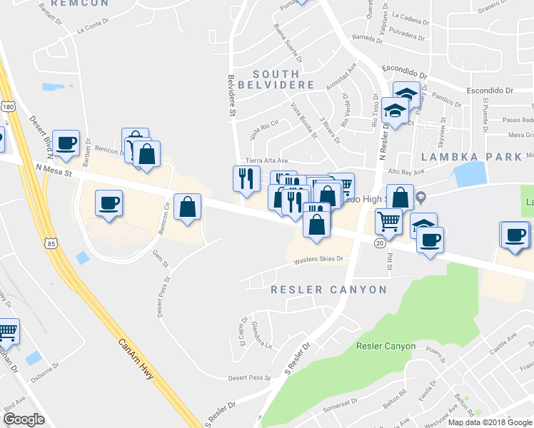 map of restaurants, bars, coffee shops, grocery stores, and more near 7230 N Mesa St in El Paso