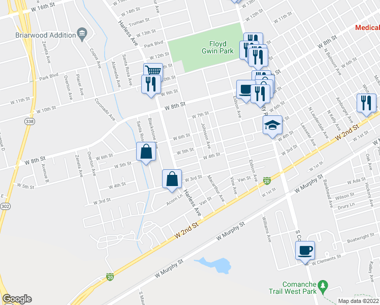 map of restaurants, bars, coffee shops, grocery stores, and more near 2405 West 5th Street in Odessa