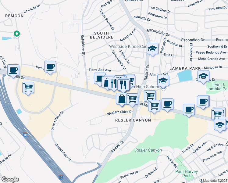 map of restaurants, bars, coffee shops, grocery stores, and more near 7100 North Mesa Street in El Paso