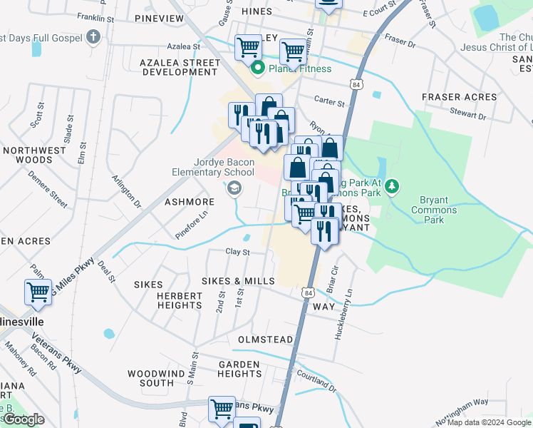 map of restaurants, bars, coffee shops, grocery stores, and more near 103 Deen Street in Hinesville