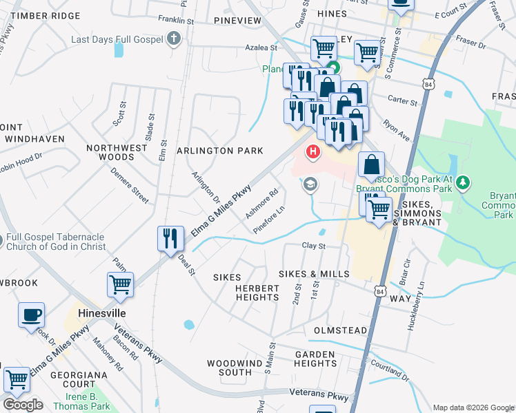 map of restaurants, bars, coffee shops, grocery stores, and more near 523 Ashmore Road in Hinesville