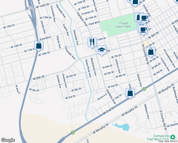 map of restaurants, bars, coffee shops, grocery stores, and more near 2701 West 6th Street in Odessa