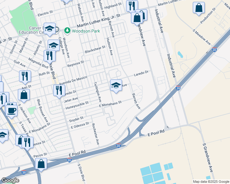 map of restaurants, bars, coffee shops, grocery stores, and more near 1101 East Monahans Street in Odessa