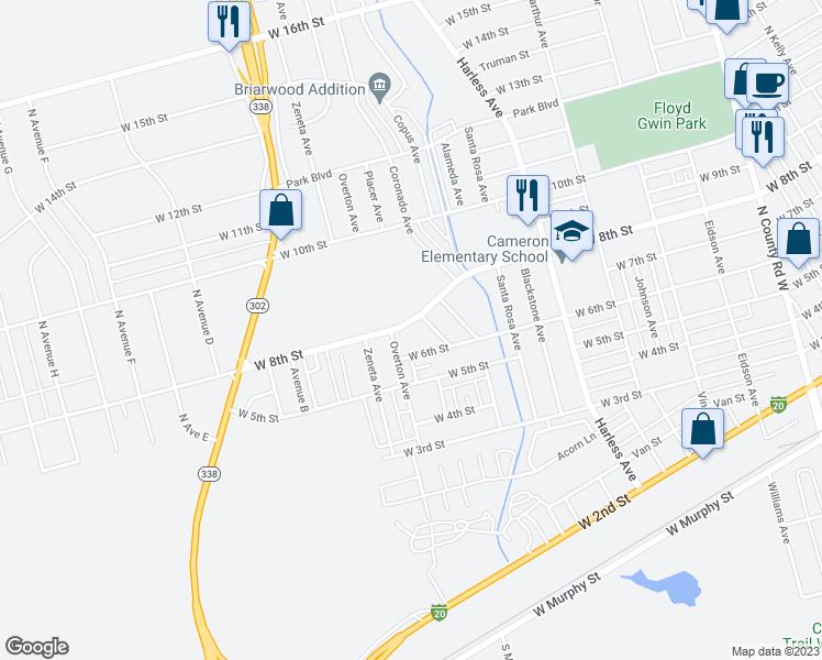 map of restaurants, bars, coffee shops, grocery stores, and more near 3001 West 8th Street in Odessa