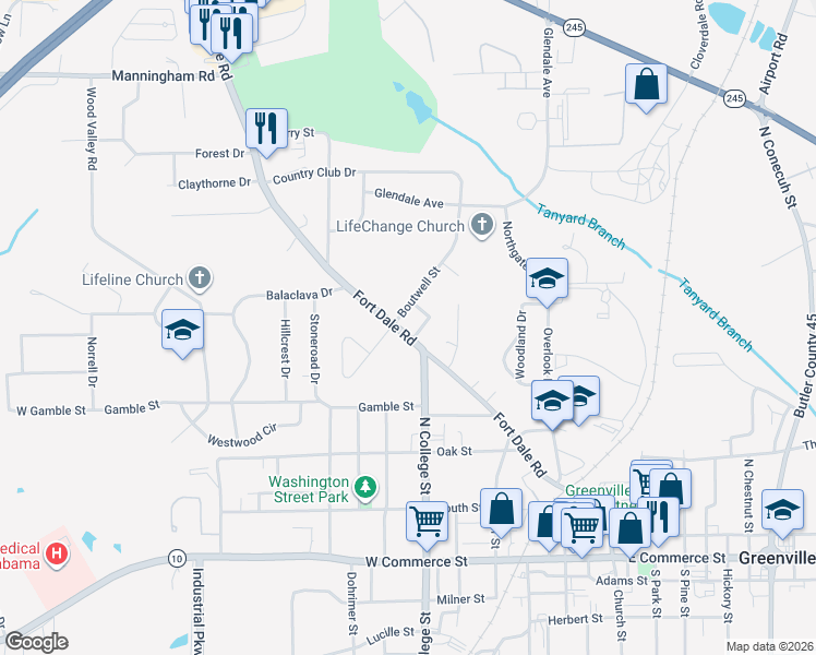 map of restaurants, bars, coffee shops, grocery stores, and more near 602 Fort Dale Road in Greenville