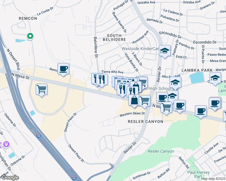 map of restaurants, bars, coffee shops, grocery stores, and more near 7224 North Mesa Street in El Paso